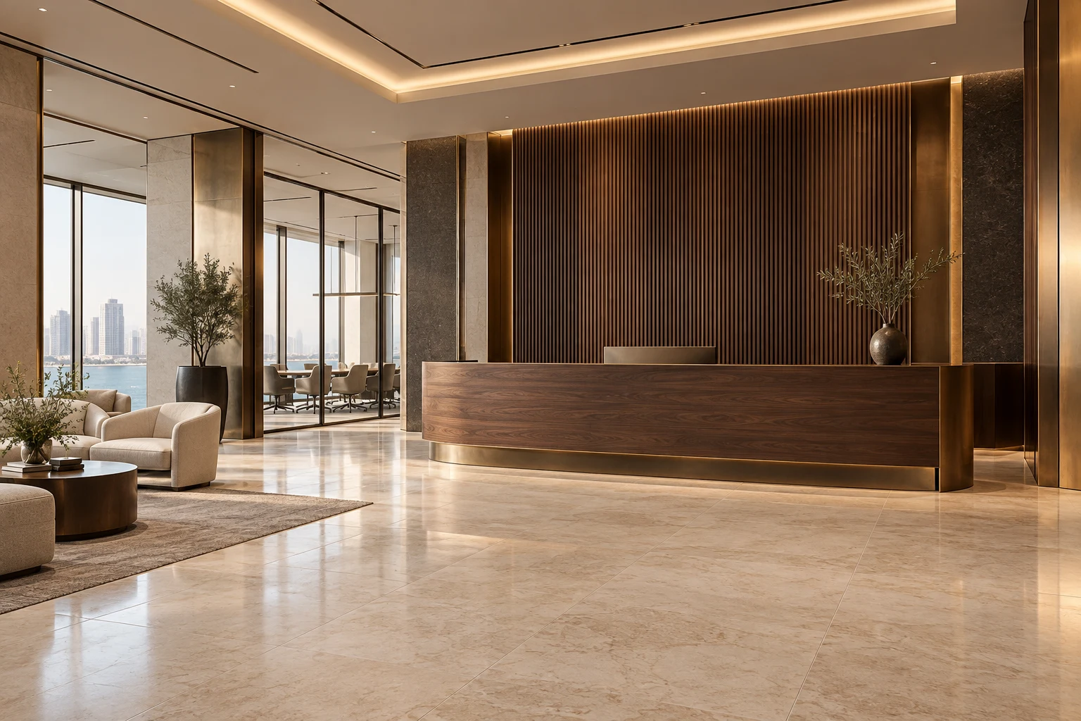 3D concept render of a modern office reception with timber walls and bronze detailing
